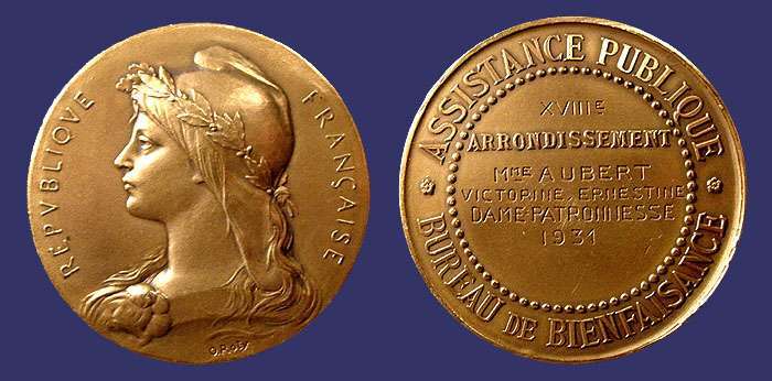 Marianne - Assistance Publique, Bureau de Bienfaisance, Awarded 1931
[b]Photo by John Birks[/b]

Awarded to Mme Aubert in 1931

Edge:  "BRONZE" Triangular mint mark (private mintage)
Keywords: Oscar Roty art nouveau sold